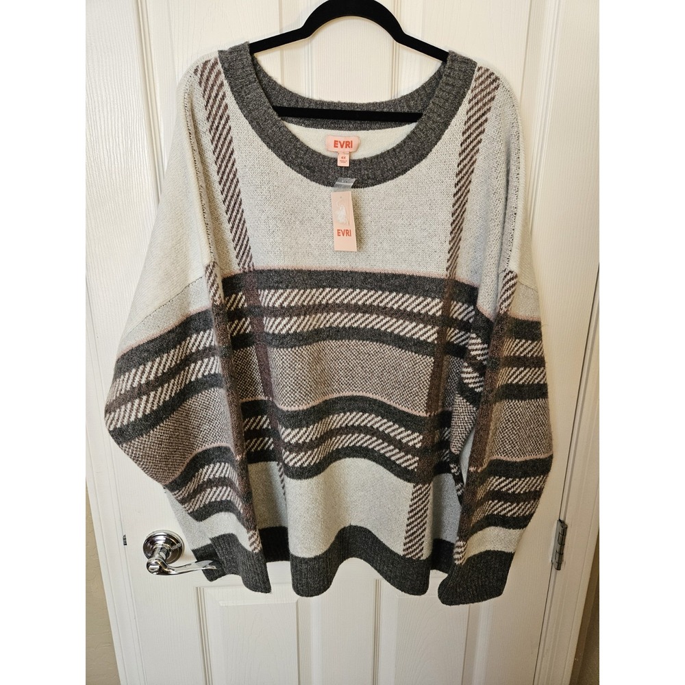 NWT EVRI Gray Pink Ivory Plaid Pattern Crew Neck Long Slv. Pullover Sweater, +4X